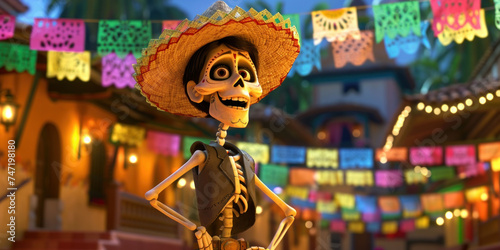 cartoon funny skeleton in sambrero hat standing on a mexican festively decorated street, for cinco de mayo, poster photo