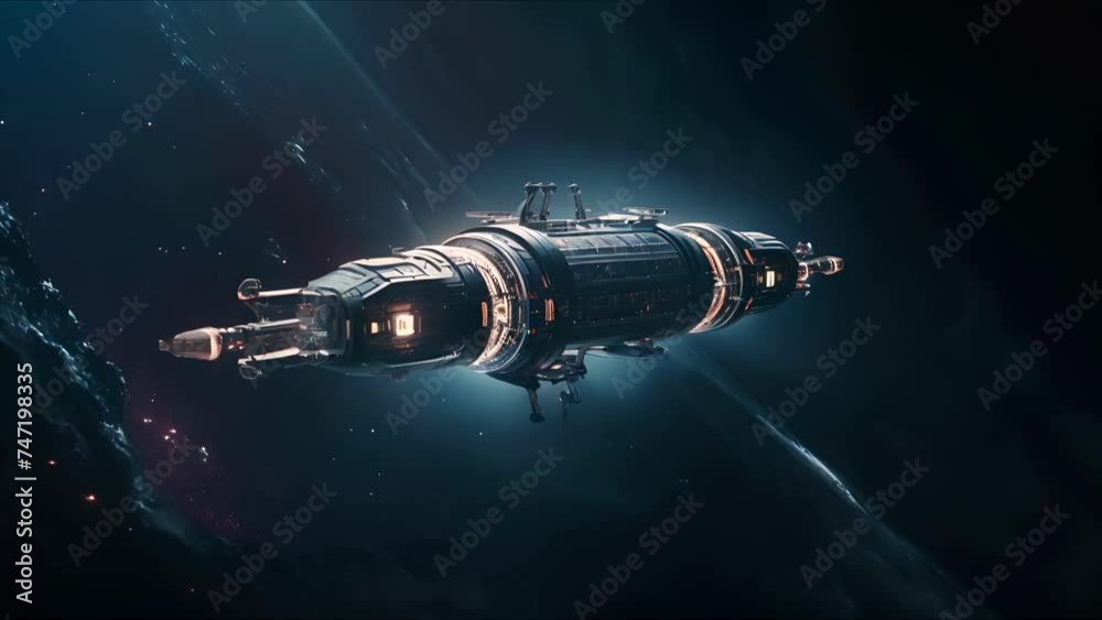 Spaceship in the Universe, spacecraft flying in deep space. Orbital station interior. Future scientific vessel technology, space travel. Spaceship in the Universe, spacecraft flying in deep space. Orbital station interior. Future scientific vessel technology, space travel.