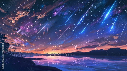 Landscape Meteor Shower in the Starry Sky