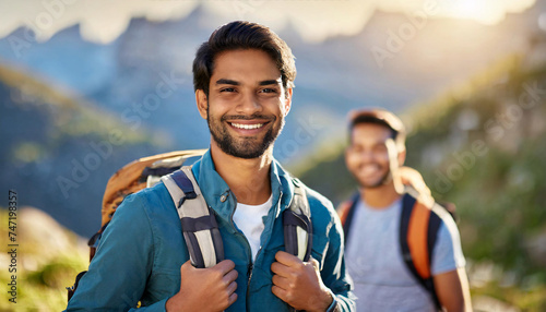 Happy man, portrait and friends with backpack for hiking mountain