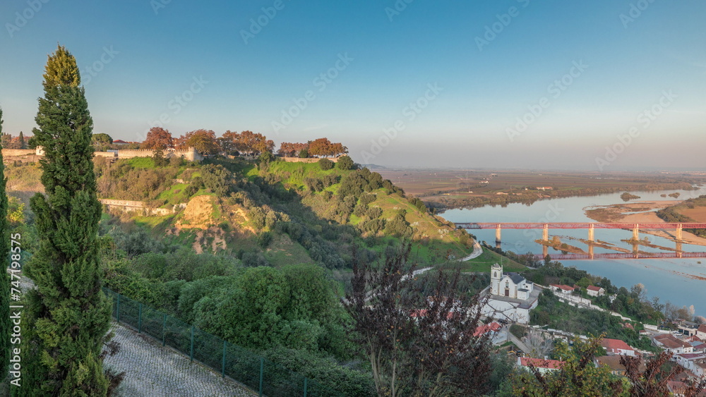 Panorama showing the Castle of Almourol on hill in Santarem aerial timelapse. Portugal