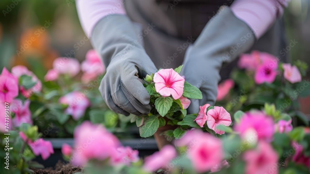 Happy young gardener woman in gloves and apron plants flowers in home garden. Gardening and floriculture. Flower care. Spring garden. Happy young gardener woman in gloves and apron plants flowers in home garden. Gardening and floriculture. Flower care. Spring garden.
