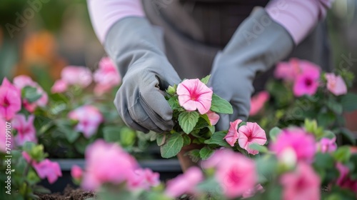 Happy young gardener woman in gloves and apron plants flowers in home garden. Gardening and floriculture. Flower care. Spring garden. © Oulaphone