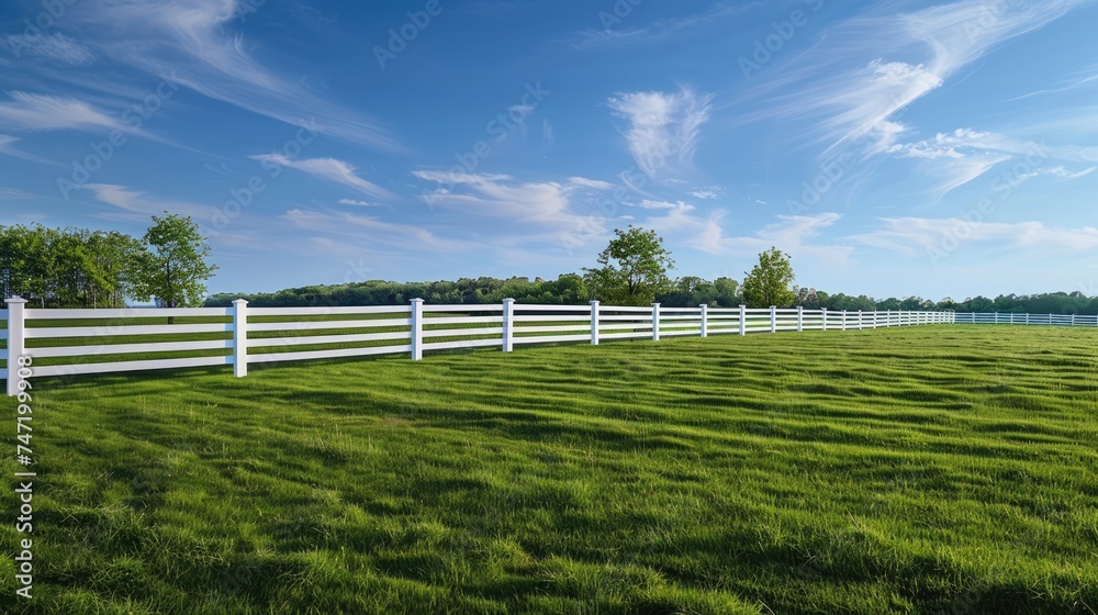 White fence and green grass garden on spring landscape.