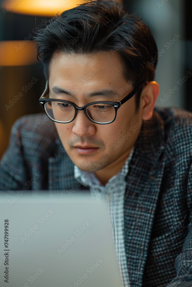 Focused Asian business man typing at laptop in office closeup. Guy surfing internet Focused Asian business man typing at laptop in office closeup. Guy surfing internet