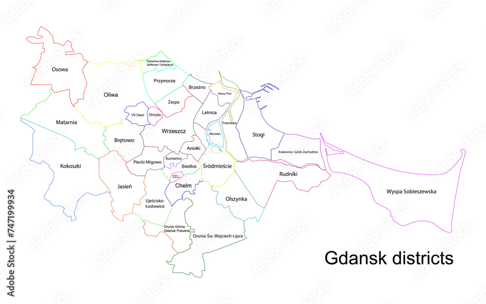 Map of the districts of Gdansk. Vector map of Gdansk and its districts. Highly detailed vector outline, black silhouette. All isolated on white background