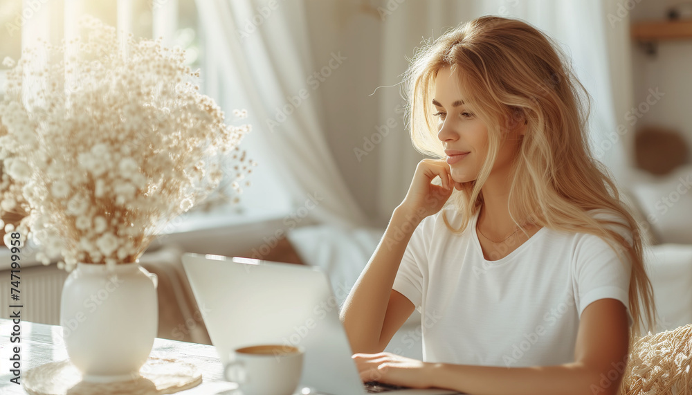 Close up of woman hands typing on laptop keyboard on the table in bright sunny interior, with cup of tea, coffee. Concept of freelance work at home, studying at home. Close up of woman hands typing on laptop keyboard on the table in bright sunny interior, with cup of tea, coffee. Concept of freelance work at home, studying at home.