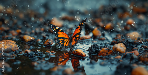 butterfly on a leaf, Butterfly Puddling on Mud Butterflies gather around a mud puddle, sipping essential minerals for their health, showcasing the unexpected behaviors of these beautiful creatures  photo