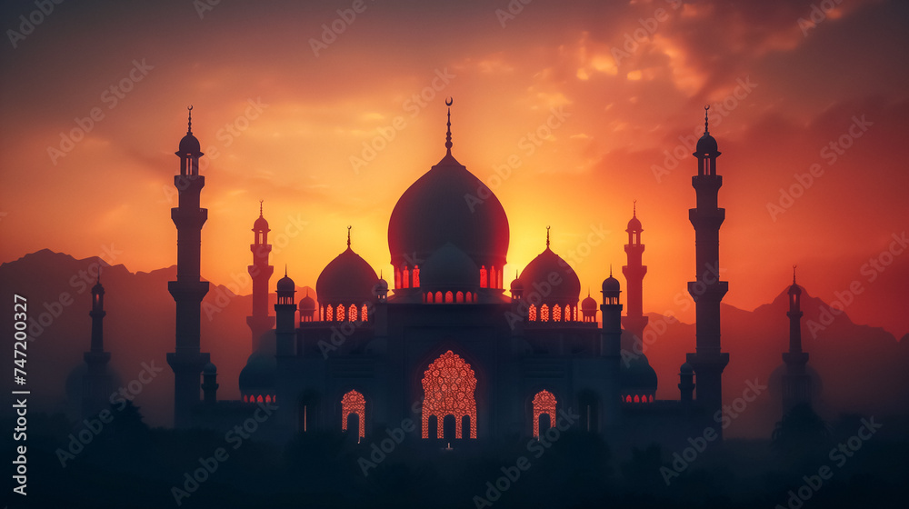 Silhouette of Majestic Mosque at Sunset: A grand mosque’s intricate silhouette against a breathtaking sunset, evoking peace and serenity.

