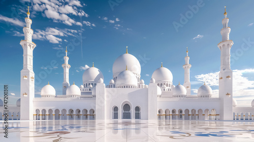 Grand white mosque with intricate decorations against the blue sky.