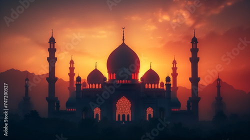 Silhouette of Majestic Mosque at Sunset: A grand mosque’s intricate silhouette against a breathtaking sunset, evoking peace and serenity. 