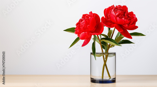 Pivoines rouges, fleurs dans un vase transparent. Arrière-plan blanc. Espace vide de composition. Fleur, nature, plante. Printemps. Fond pour conception et création graphique.