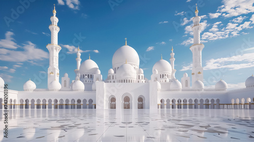 Grand white mosque with intricate decorations against the blue sky.