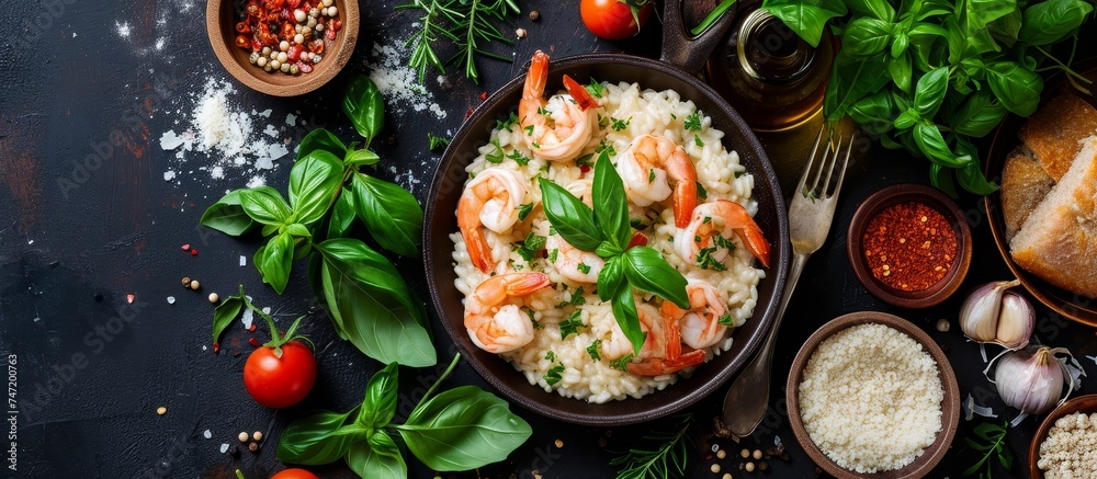 A delicious bowl of shrimp risotto with vegetables, a dish made with staple food like rice, plant-based ingredients, and leafy vegetables as garnish, served on a table. A delicious bowl of shrimp risotto with vegetables, a dish made with staple food like rice, plant-based ingredients, and leafy vegetables as garnish, served on a table.