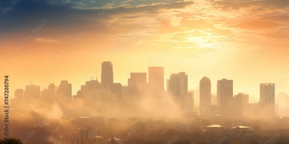 City Lights at Twilight: A Majestic Urban Skyline Amidst the Hazy California Sunset