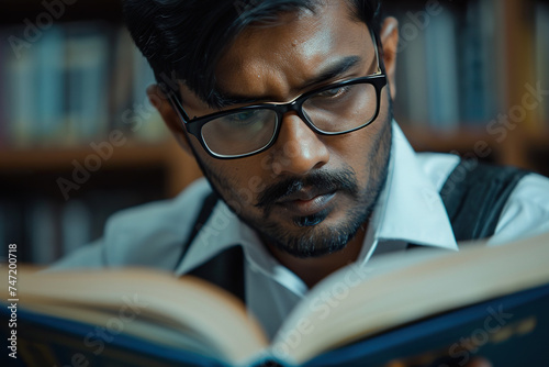 Focused Indian business man reading a book in office closeup. photo