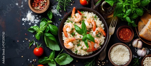 A delicious bowl of shrimp risotto with vegetables, a dish made with staple food like rice, plant-based ingredients, and leafy vegetables as garnish, served on a table.