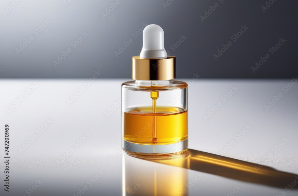 Cosmetic oil in a glass bottle with a pipette on a gray background. Cosmetic oil in a glass bottle with a pipette on a gray background.