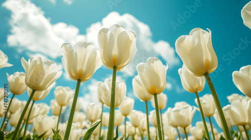 Close-up of white tulips field against blue sky background. Spring landscape concept. Generative AI