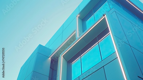 a blue cube building showcasing modern architecture, emphasizing the surprising aesthetic of white neon light edges outlining the structure.