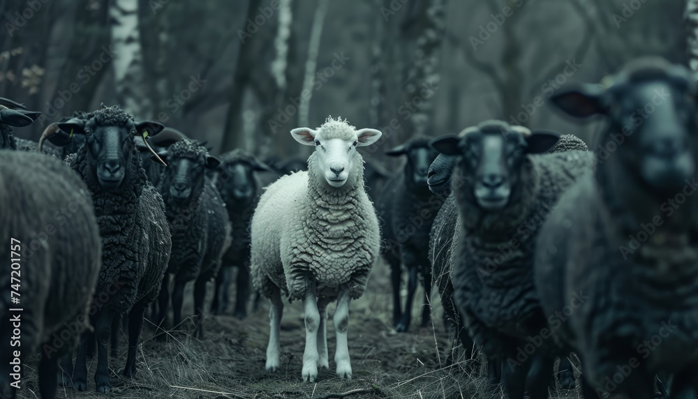One white sheep in a flock of black sheep in a pasture generated AI ...