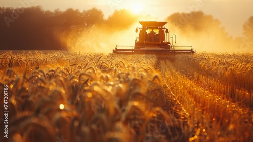 A combine harvester is seen cutting wheat during the golden hour of sunset, with dust rising in the warm light on the farm. photo