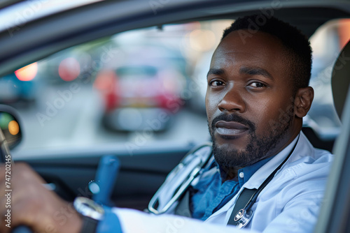 Male nurse sitting in car, going home from work. Male African American doctor driving car to work, on-call duty. Work-life balance of healthcare worker.