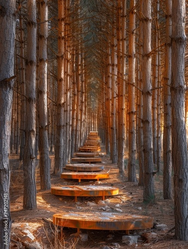 Row of Benches in Forest