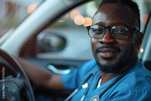 Male nurse sitting in car, going home from work. Male African American doctor driving car to work, on-call duty. Work-life balance of healthcare worker.