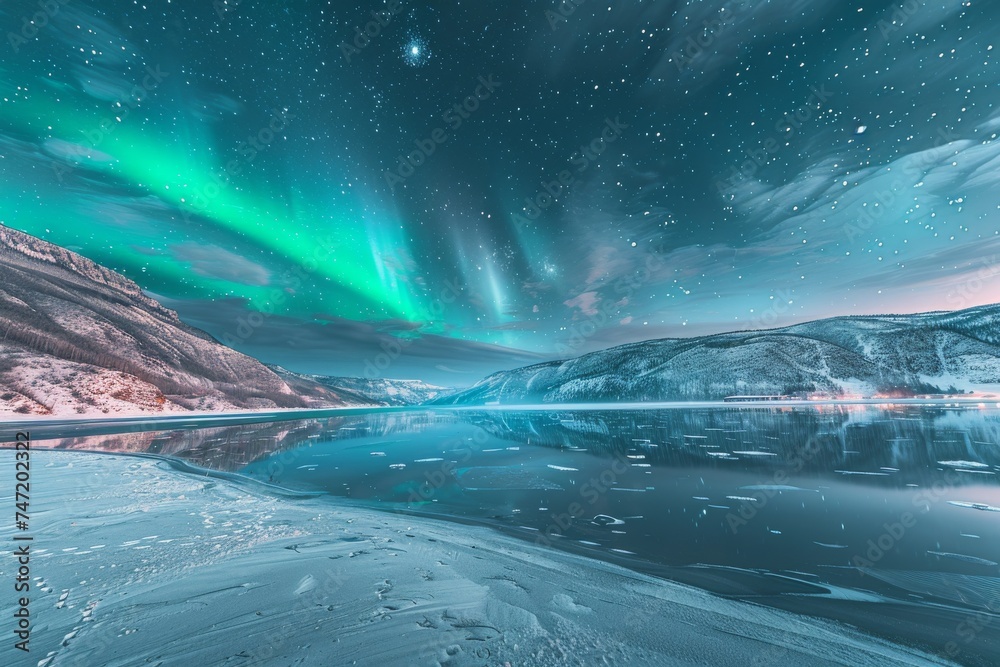 Fototapeta premium Aurora Borealis Over Frozen Lake With Mountains