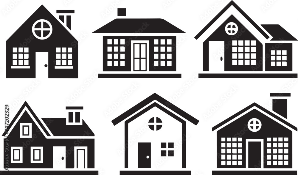 Set of buildings, house icons, collection home sign. Hand drawn vector illustration