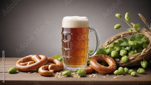Oktoberfest Beer With Pretzel, Wheat, And Hops On Table