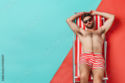 Photo guy sit deck chair sleep sun bathing wear red striped stylish trendy swim set isolated bright color background photo