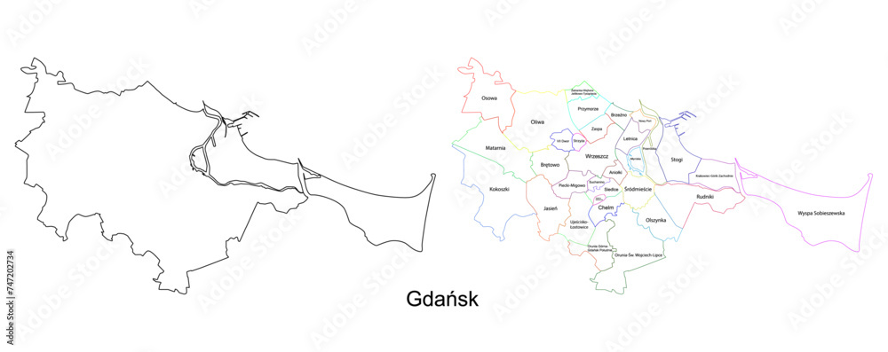 Vector map of Gdansk and its districts. Highly detailed vector outline, black silhouette. All isolated on white background