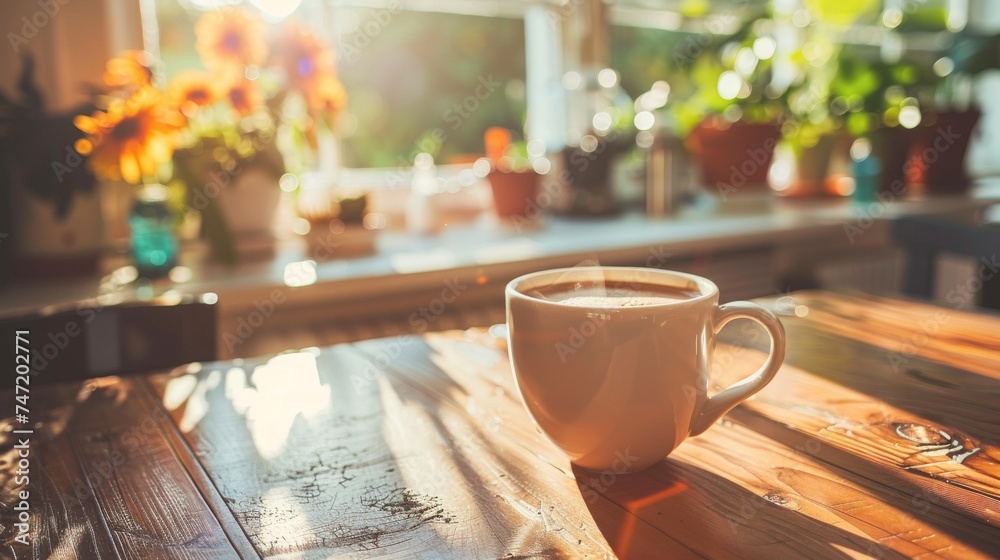 Coffee cup on wooden table in coffee shop with sun flare Coffee cup on wooden table in coffee shop with sun flare