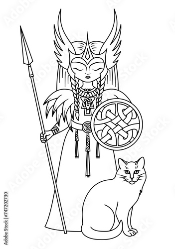 Scandinavian goddess Freya. Pagan goddess of love and war. Vector illustration in outline style.
