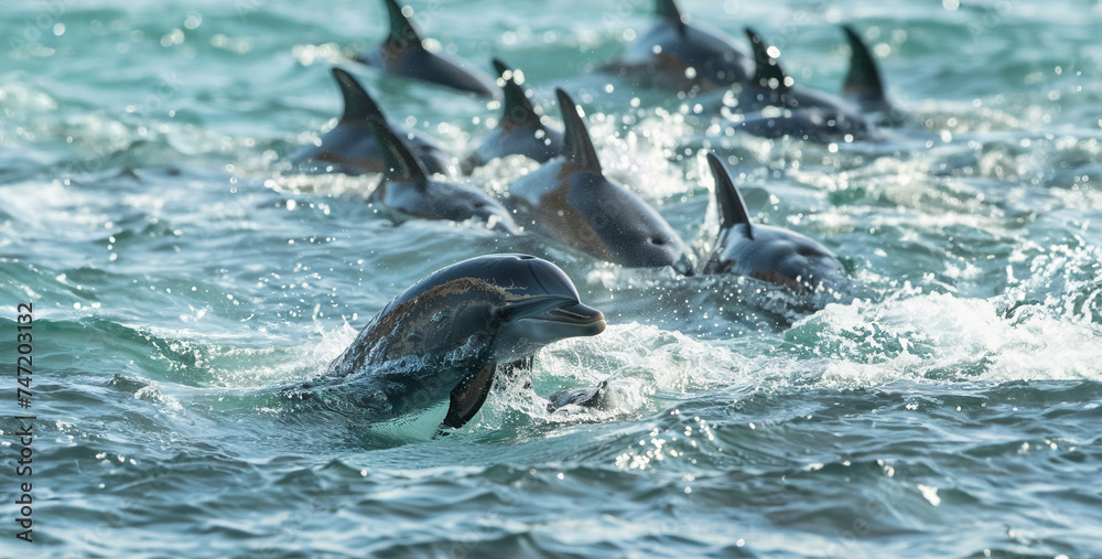 Naklejka premium dolphins in the water, Dolphin Pod Rescue Mission A pod of dolphins work together to save a stranded dolphin calf, showcasing their social intelligence and compassion photography