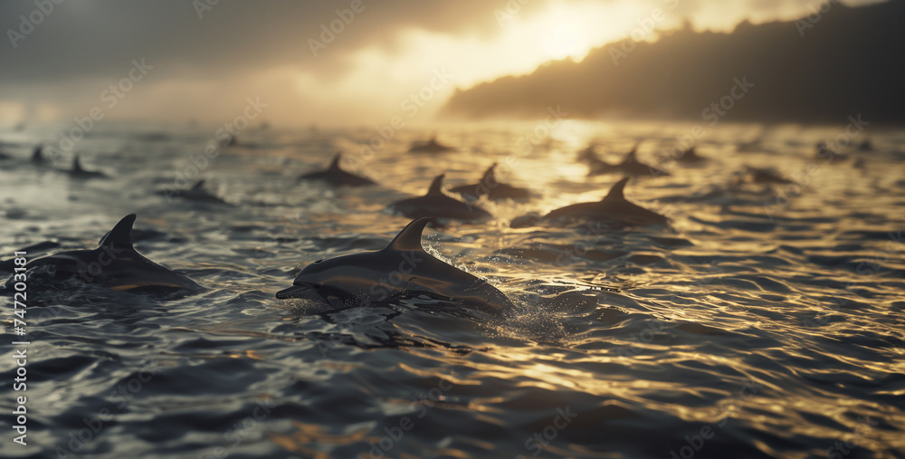 Dolphin Pod Rescue Mission A pod of dolphins work together to save a stranded dolphin calf, showcasing their social intelligence and compassion photography - obrazy, fototapety, plakaty 