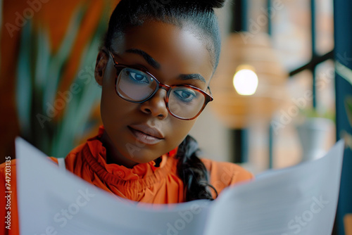 Young African American woman entrepreneur analyzing papers at office close up. Businesswoman work