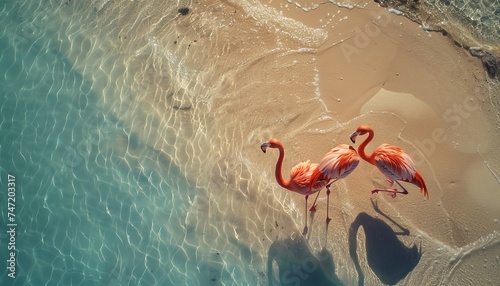 Pink flamingo on the beach on the island of Aruba top view generated AI photo