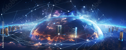  Global network connection over modern cityscape at night. 3D rendering  Global network connection and the internet of things IoT concept Data and Technology in a system bubble with cloud computing 
