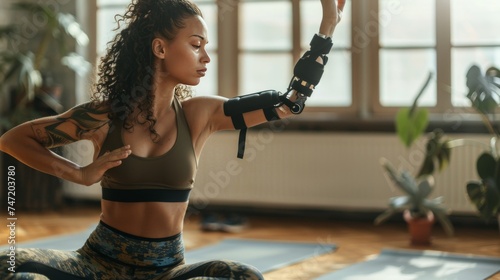 Young woman with bionic prosthesis practicing yoga at home