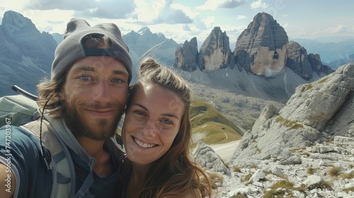 Man and woman on a mountain taking bright selfie