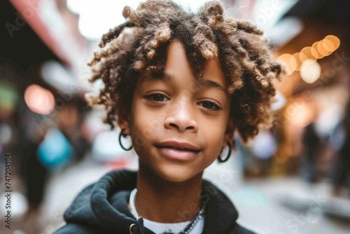 Portrait happy positive cute stylish curly-haired African American little boy child kid posing looking camera gen z teenager model standing outdoors blurred city street background. Childhood lifestyle © Yuliia