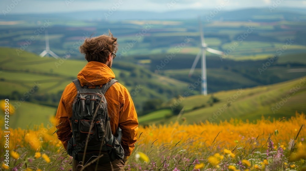 Fototapeta premium A hiker in an orange jacket stands amidst a field of wildflowers, looking out towards distant wind turbines in a green valley.
