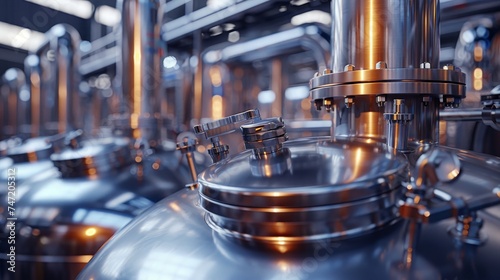 Close-up view of shiny stainless steel brewery equipment with intricate details in a modern beer production facility. photo
