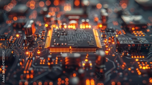 Macro view of a sophisticated microchip at the heart of an electronic circuit board with glowing data paths and components.