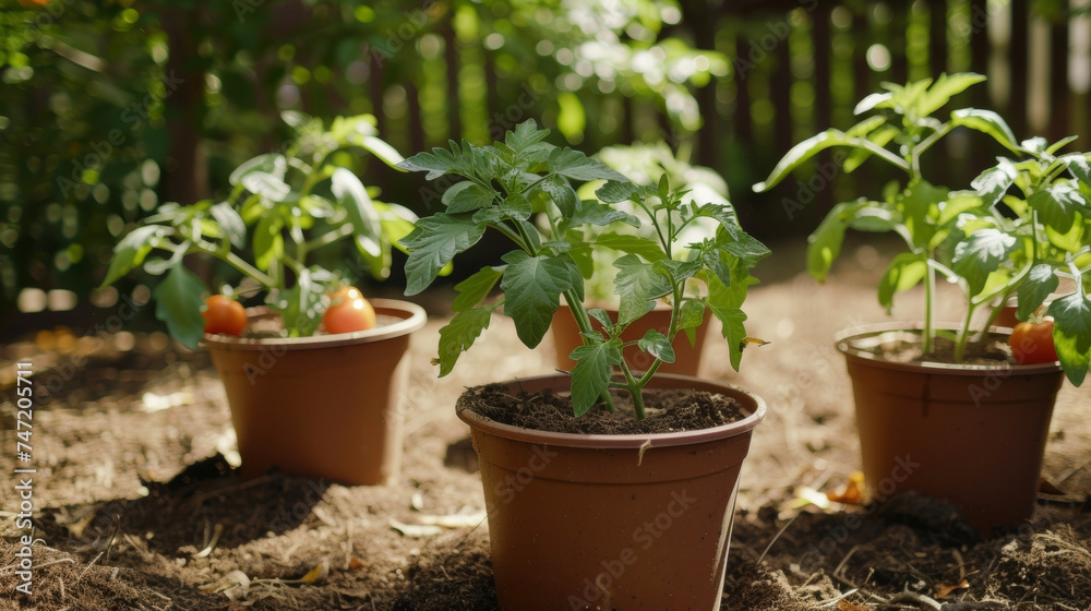 Underneath the potted tomato plants a layer of thick dark mulch helps to retain moisture and deter weeds from competing for nutrients.