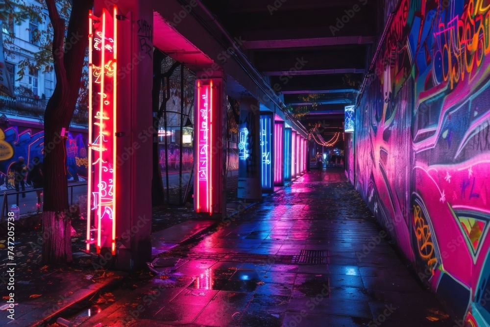 Urban Neon Light Installation, Long Exposure Trails, Nightlife Atmosphere.