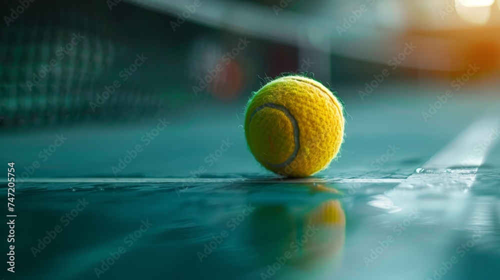A solitary tennis ball rests on a blue hard court with the shadow of the net looming in the background.